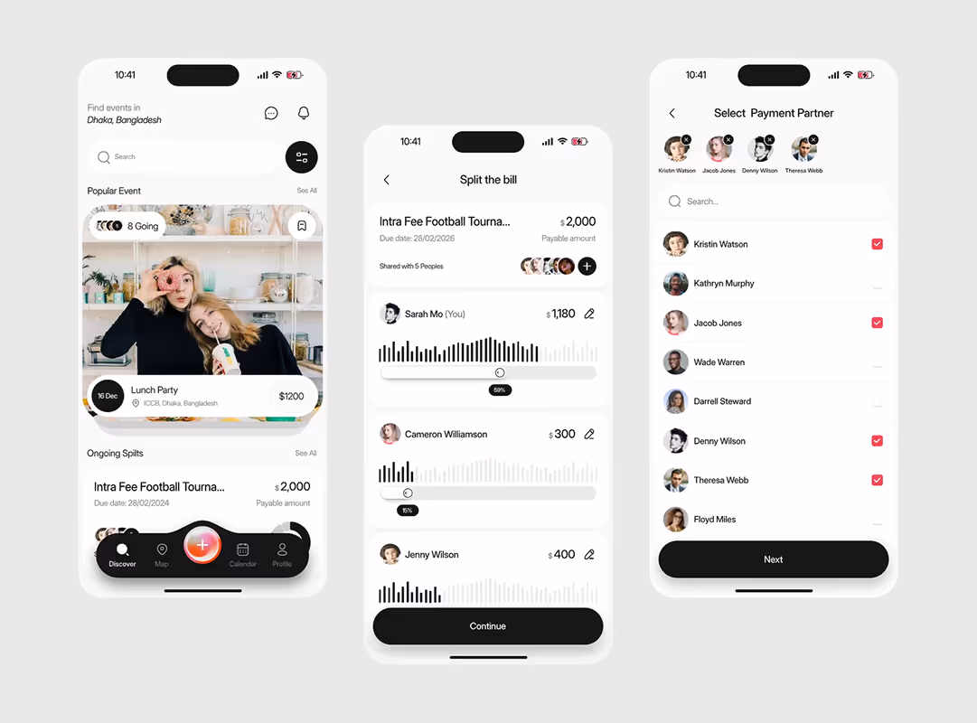 Three smartphone screens showing an event listing, booking and payment flow