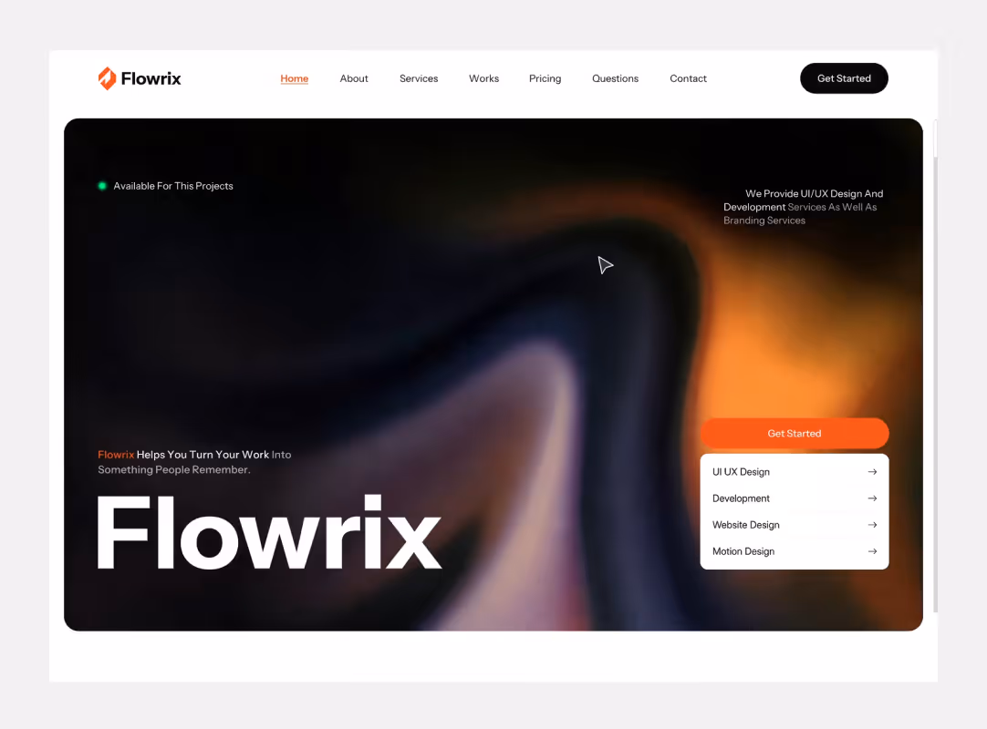 A marketing site homepage with navigation and a colourful abstract background