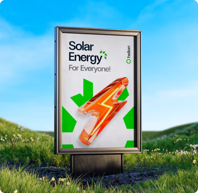 Outdoor billboard in a grassy field with blue sky, displaying ’Solar Energy For Everyone!’ and a large red lightning bolt graphic.