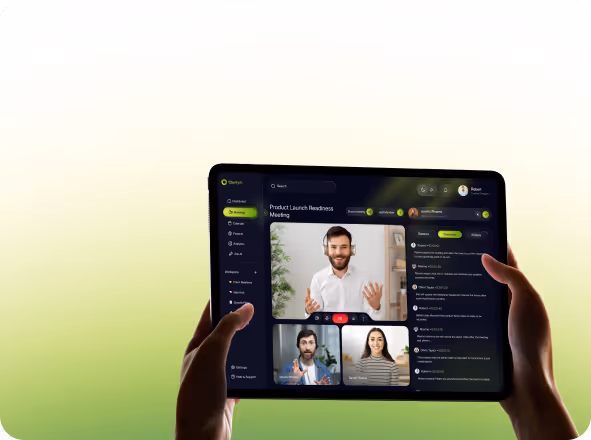 Person holding a tablet showing a video conference with three participants discussing a Product Launch Readiness Meeting.